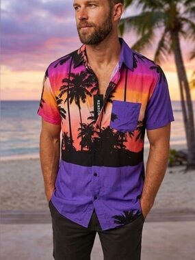 Reason Brand Tropical Sunset Short‎ Sleeve Button Down Men's Shirt